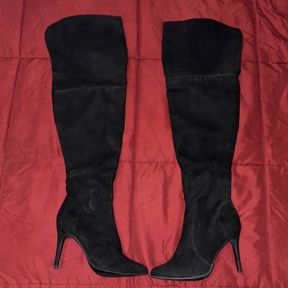 Black faux suede over the knee boots